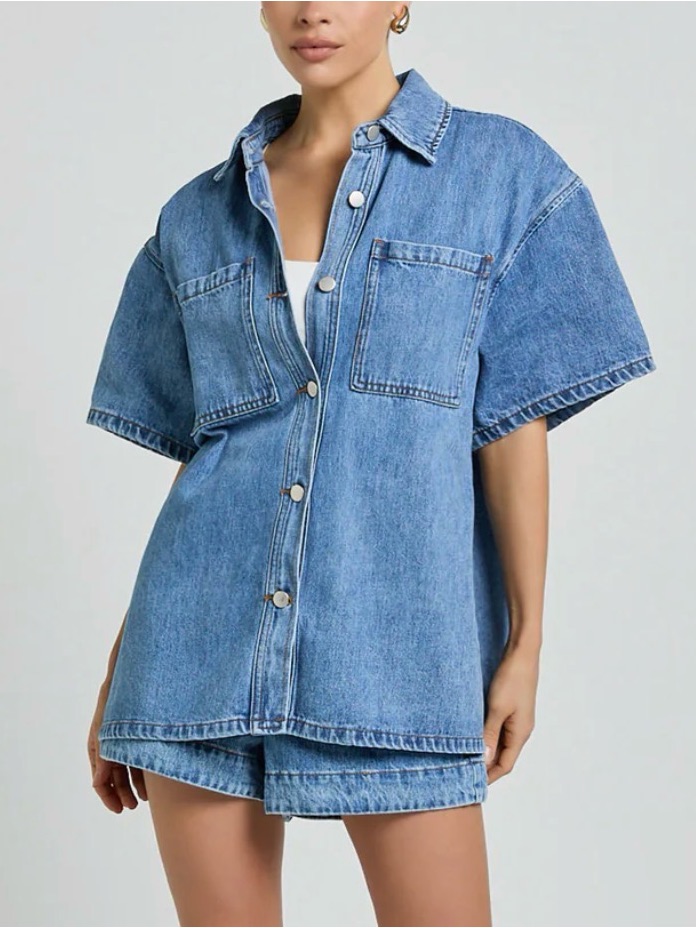 Boxy Short-Sleeve Denim Shirt Jacket - Light Blue